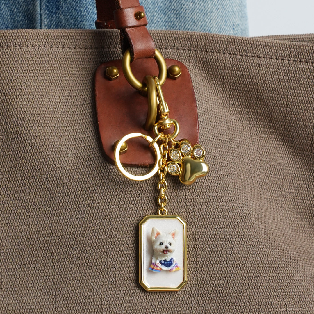 Custom Pet Portrait Bag Charm and Key Holder — 18K Gold & Silver
