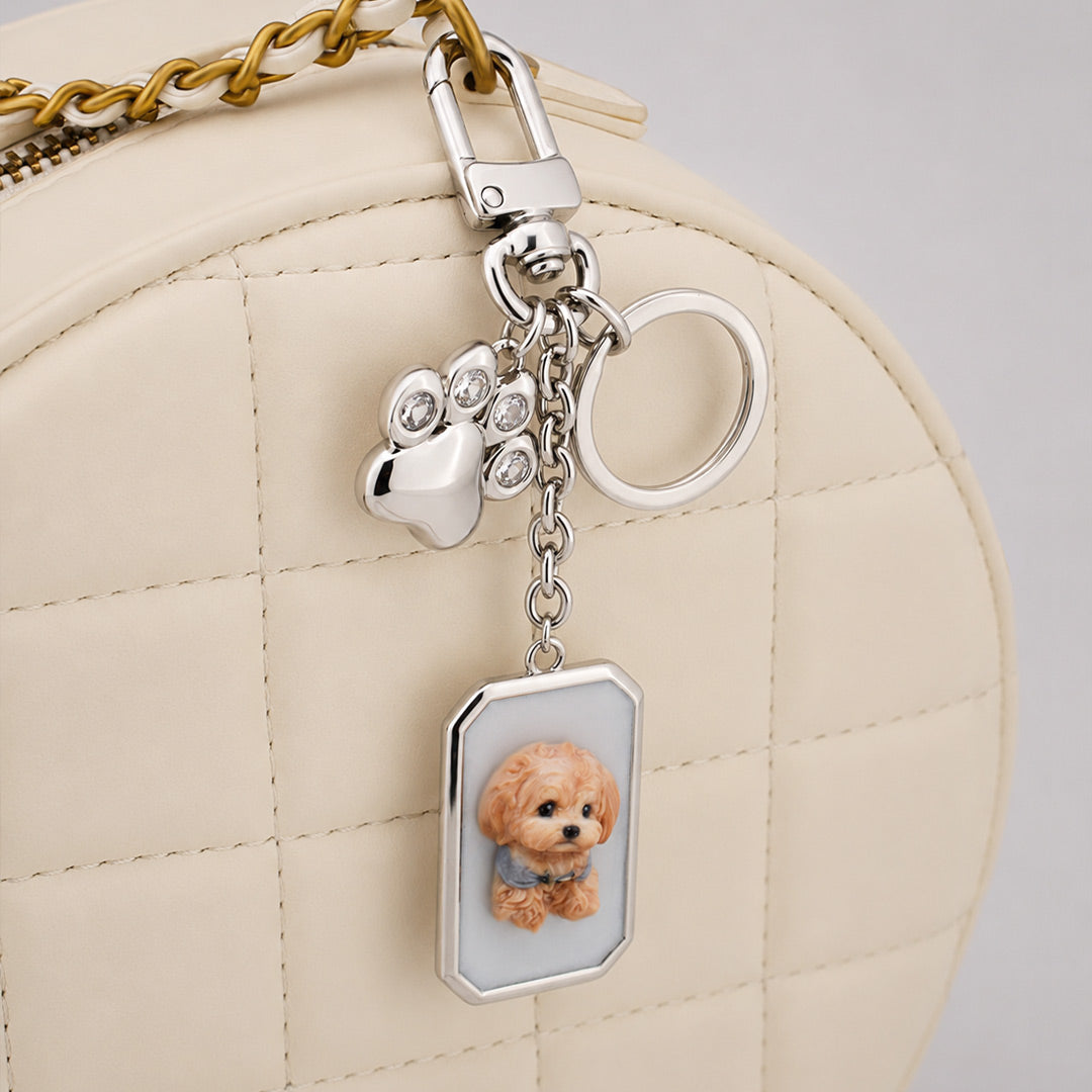 Custom Pet Portrait Bag Charm and Key Holder — 18K Gold & Silver