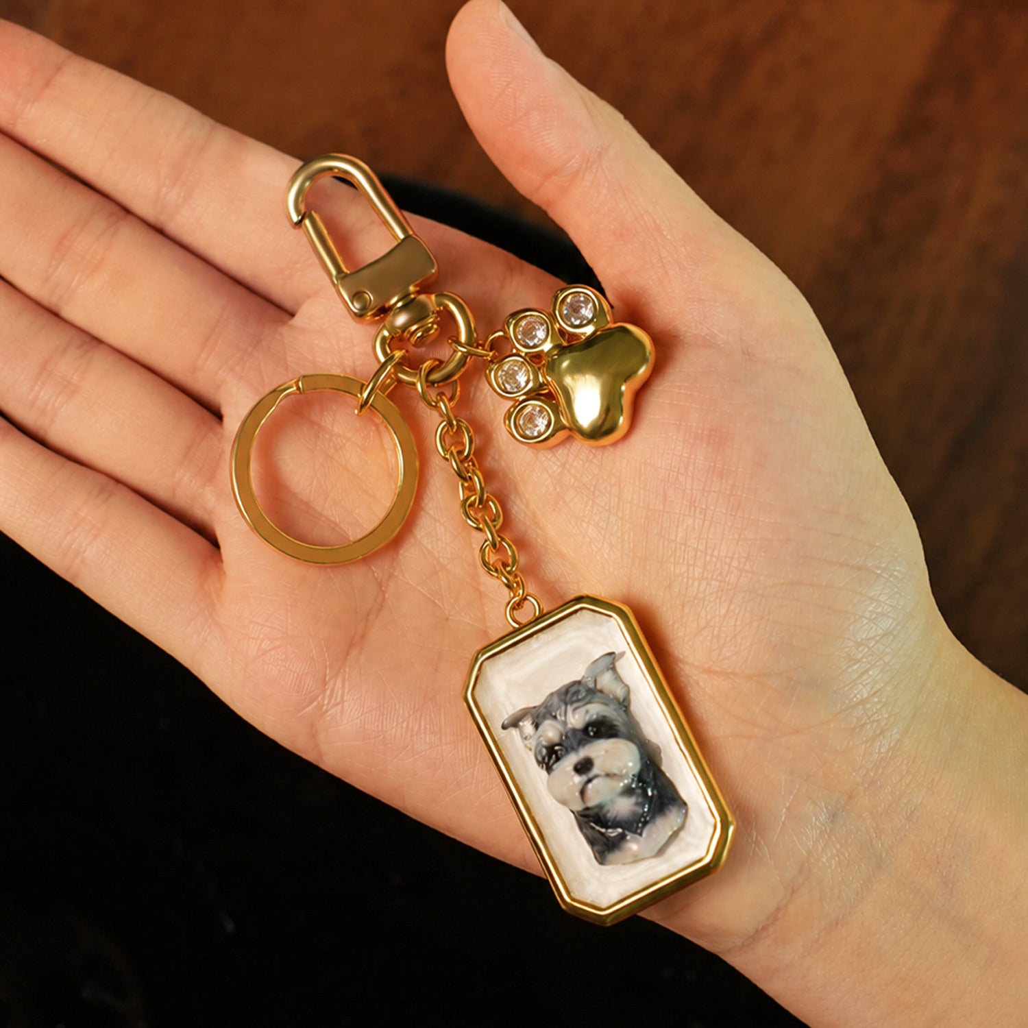 Custom Pet Portrait Bag Charm and Key Holder — 18K Gold & Silver