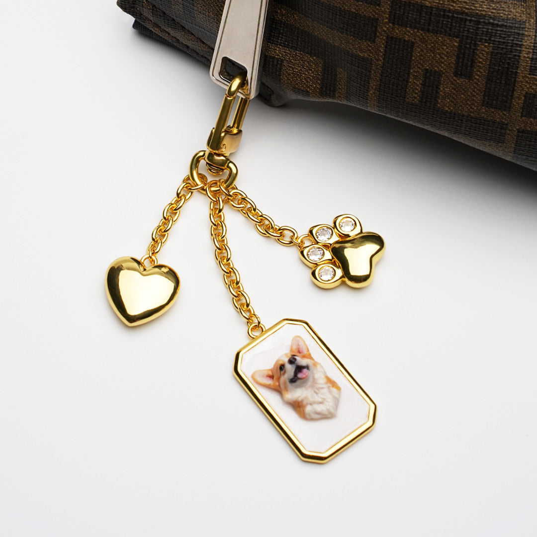 Custom Pet Portrait Bag Charm and Key Holder — 18K Gold & Silver