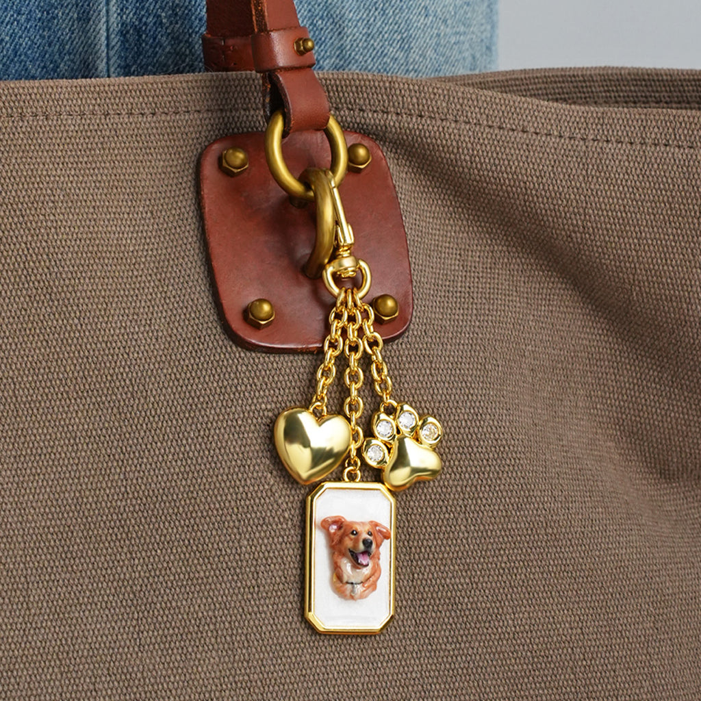 Custom Pet Portrait Bag Charm and Key Holder — 18K Gold & Silver