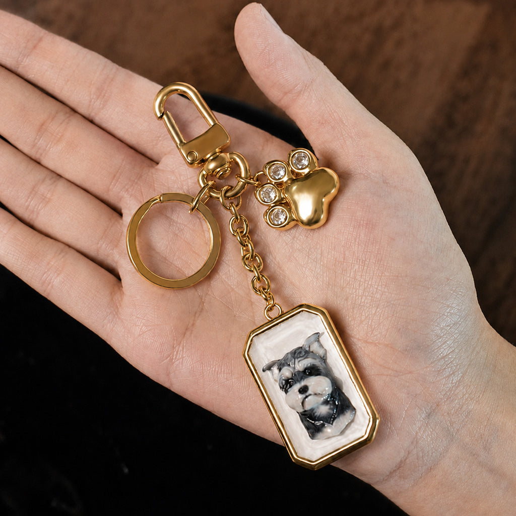 Custom Pet Portrait Bag Charm and Key Holder — 18K Gold & Silver