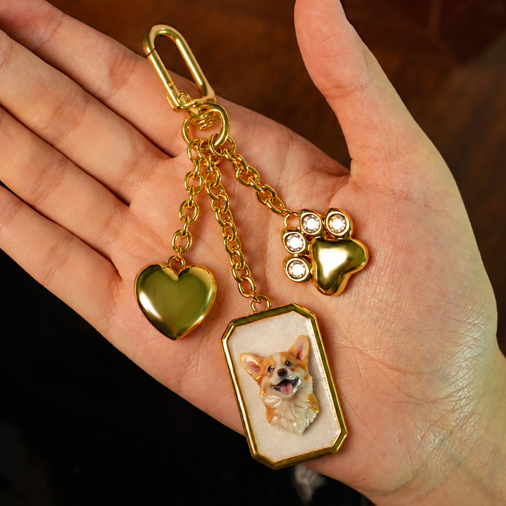 Custom Pet Portrait Bag Charm and Key Holder — 18K Gold & Silver